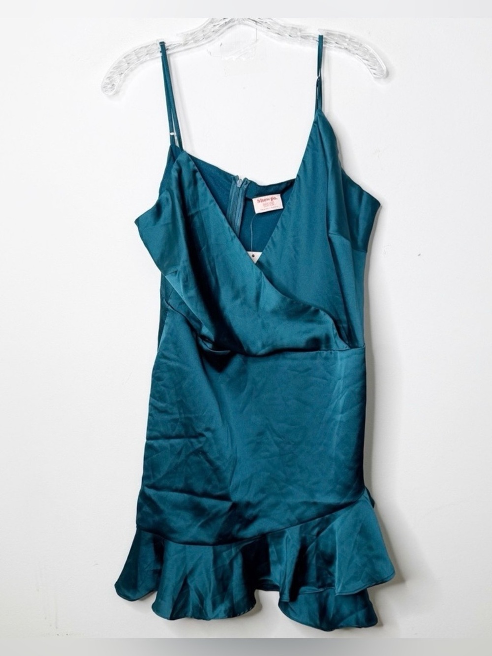NWT SHOWPO | Cloud Cover Teal Satin Ruffle Mini Dress Sz. 12 Party Date Night - Picture 2 of 4